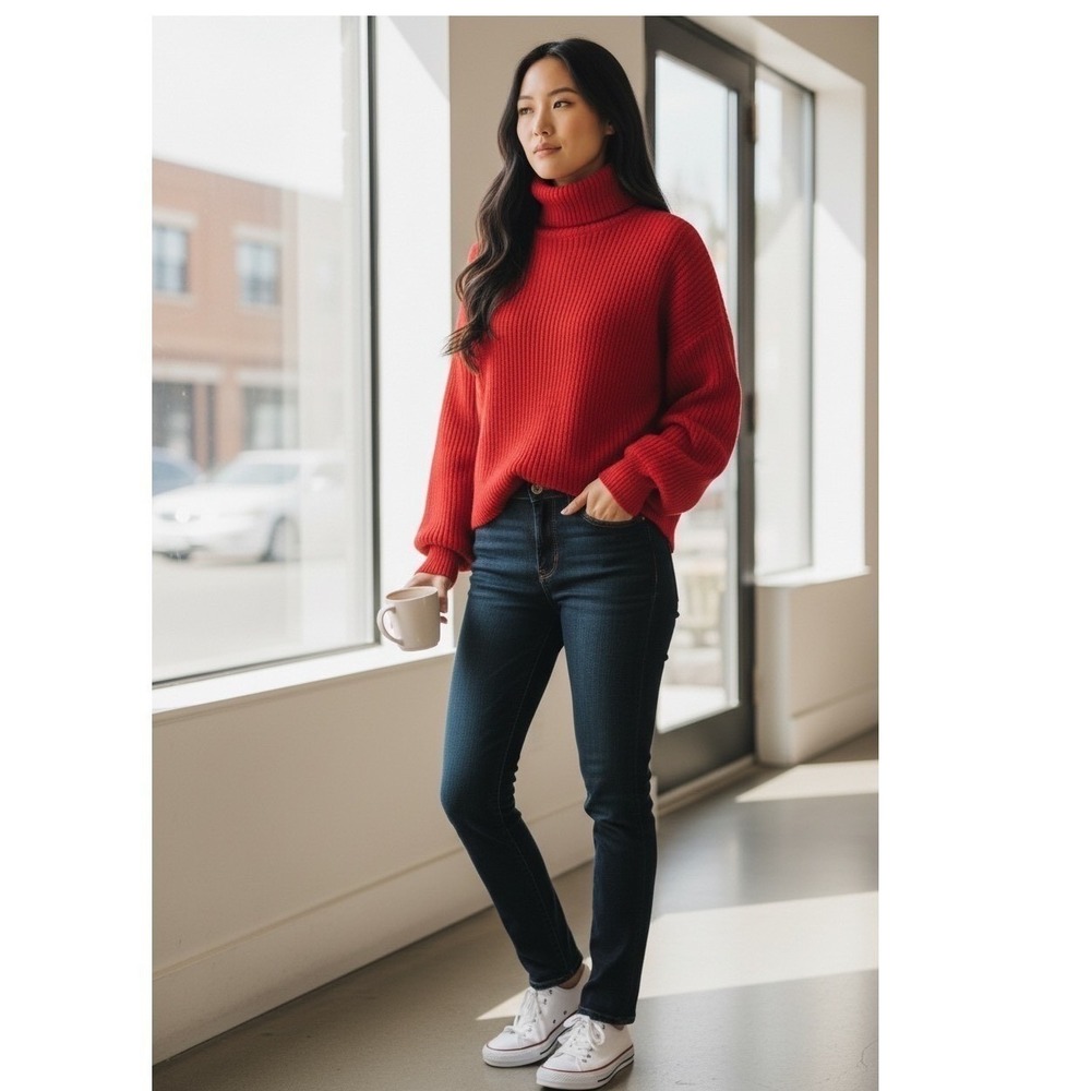 Urban‎ Outfitters Red Ribbed Turtleneck Sweater Balloon Sleeve Cropped Womens S